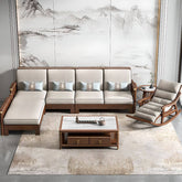 Upholstered rocking armchair grey fabric close-up